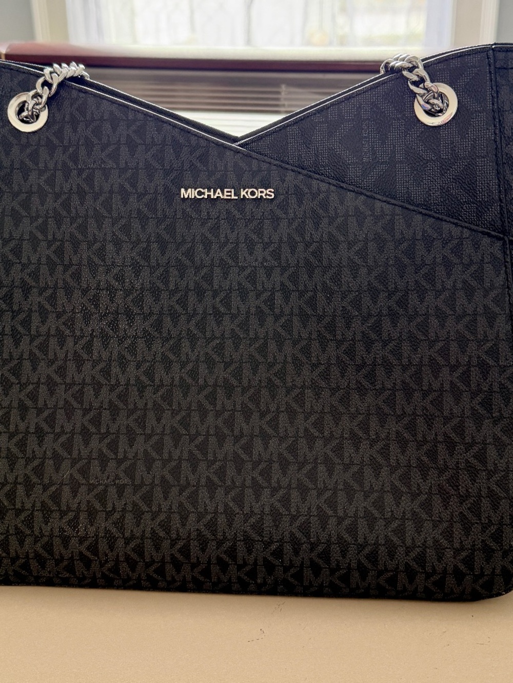 Michael Kors 35F1STVT3B Black MK Signature Chain Shoulder Tote Bag